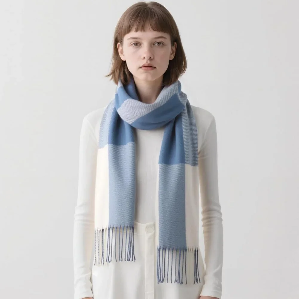 Women's blue White Lattice Scarf Fashion Long Plaid Shawls Wraps Big Grid Winter